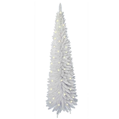 6ft slim white Christmas tree with pre-lit warm white lights, featuring a narrow design and realistic branch tips, perfect for festive decor in small spaces.