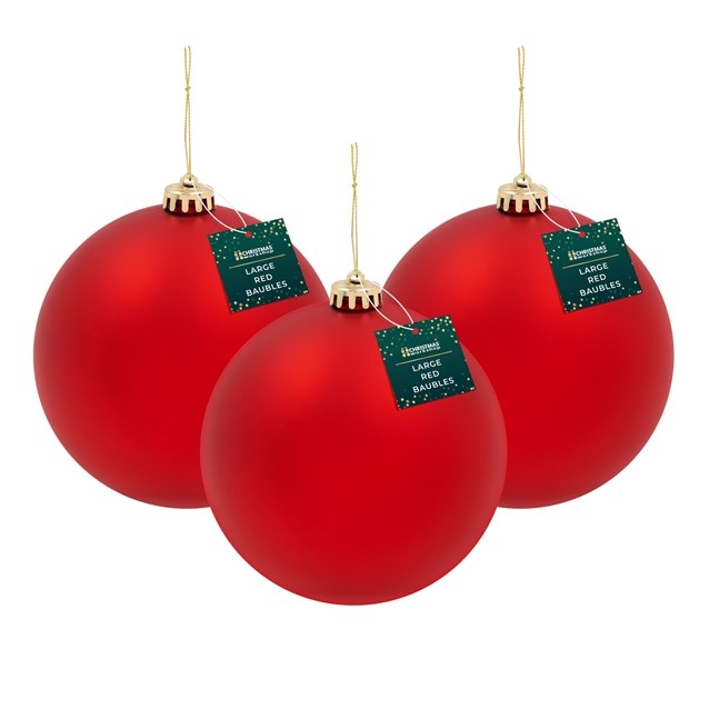 Three 15cm red matte baubles with gold caps and hanging loops, packaged as a set from The Christmas Workshop, ideal for festive decorations.