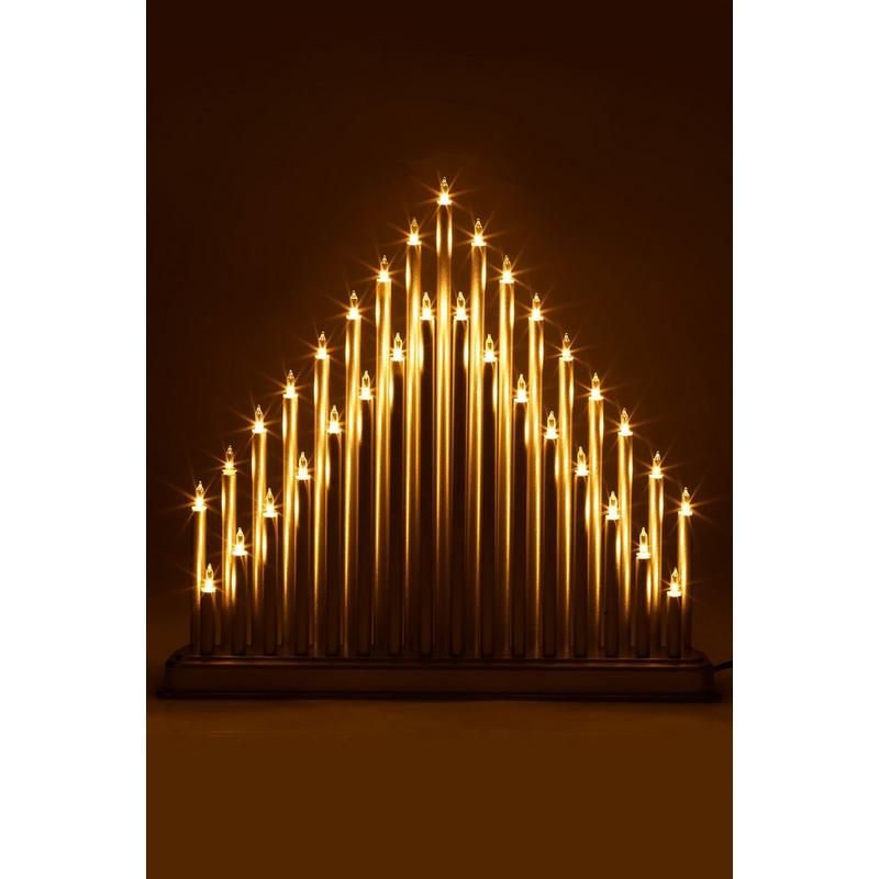 A triangular candle bridge featuring 33 white fairy lights, with slender gold candle-like tubes arranged in a gradient, set on a dark base for a warm, festive glow.