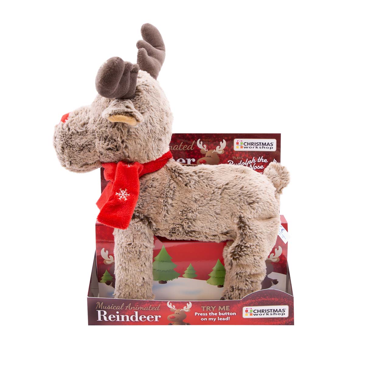 Plush brown reindeer with a red scarf and antlers, featuring a button for music activation, displayed in a festive box with Christmas-themed graphics.