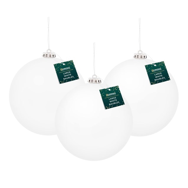 Three 15cm white traditional matte baubles with silver caps and hanging strings, packaged as a set from The Christmas Workshop.