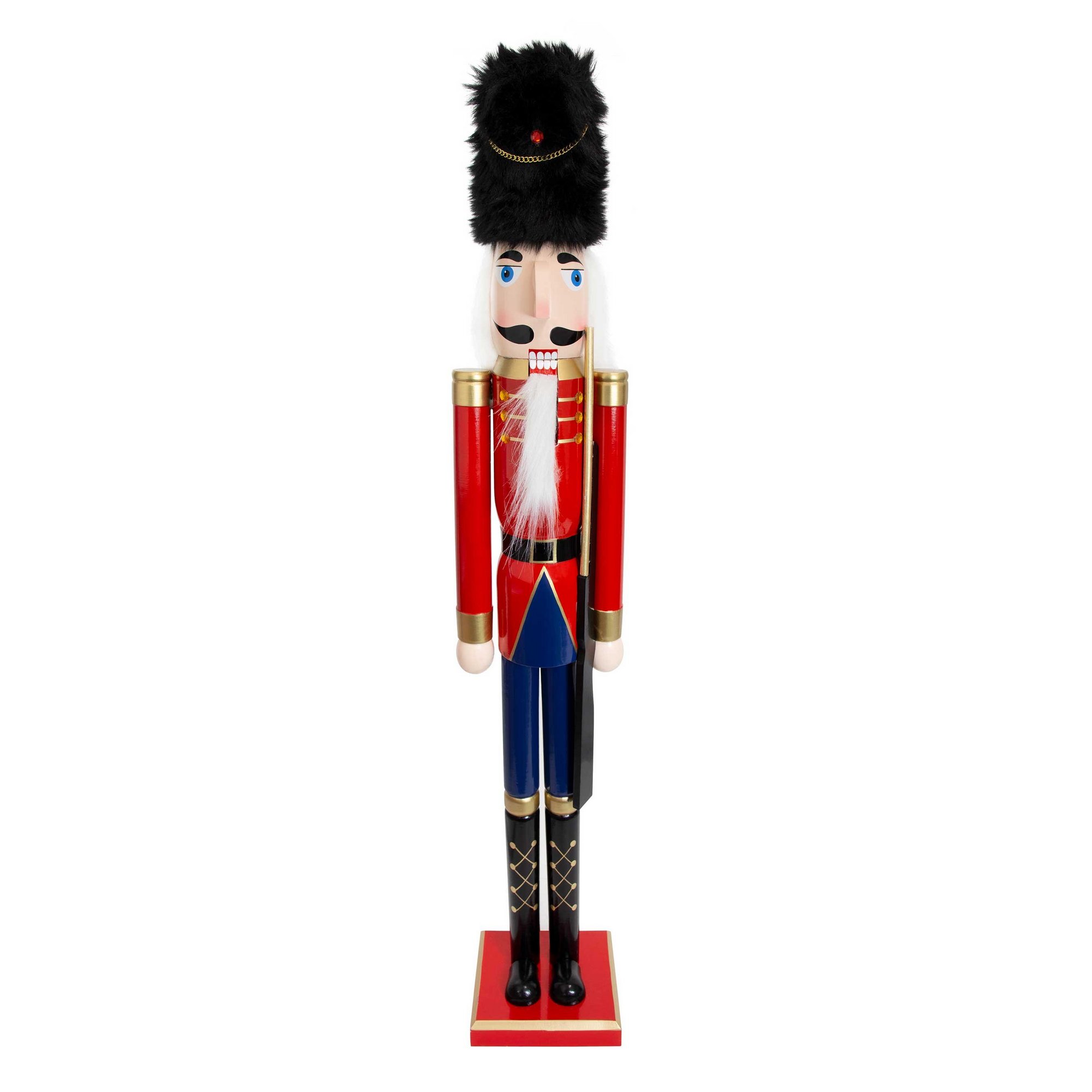 Tall wooden nutcracker figure, 106cm, dressed in a red and blue uniform with gold accents, featuring a black fur hat and white beard, standing on a red base.