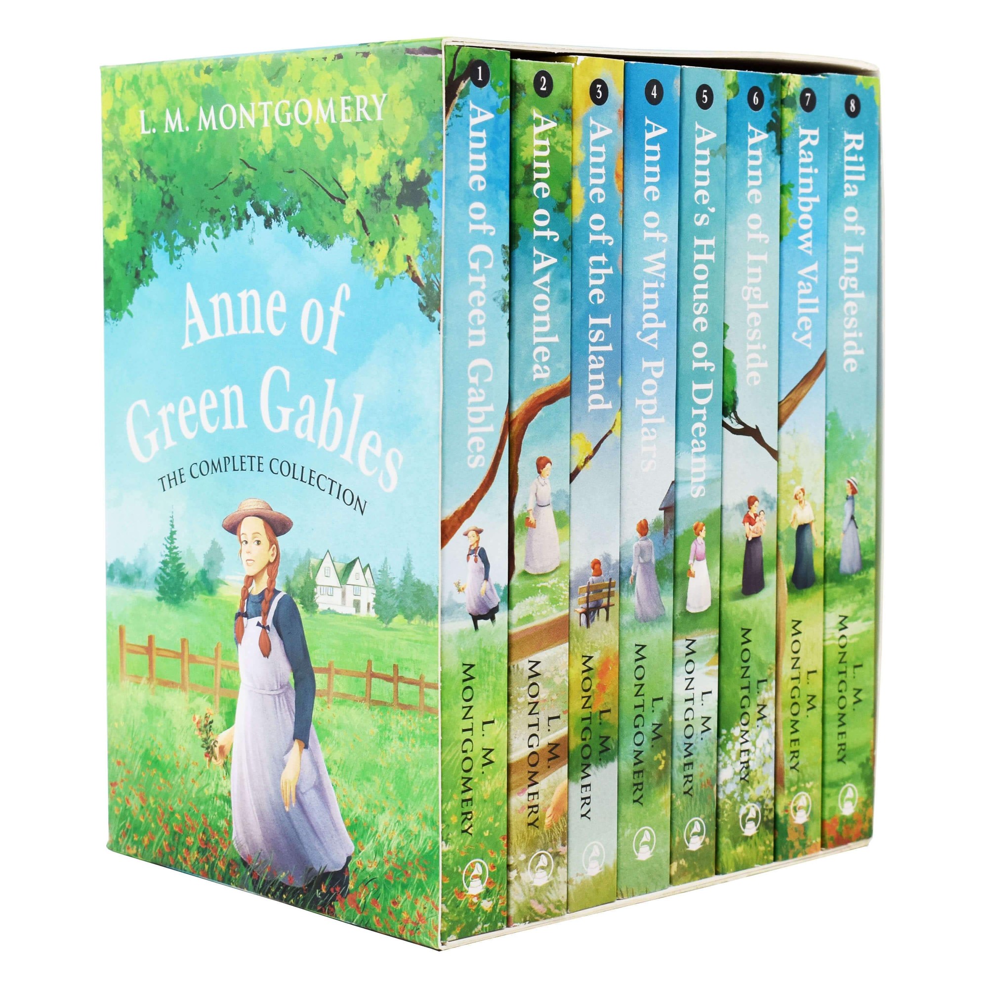 Colorful box set featuring eight books from "The Complete Anne of Green Gables Collection" by L. M. Montgomery, with illustrated covers and a vibrant design showcasing Anne in a pastoral scene.