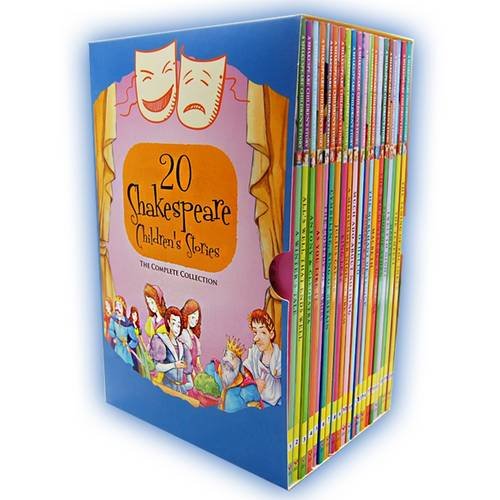 A colorful box set of 20 paperback children's stories by Shakespeare, featuring vibrant illustrations and a playful design with masks and characters on the cover.