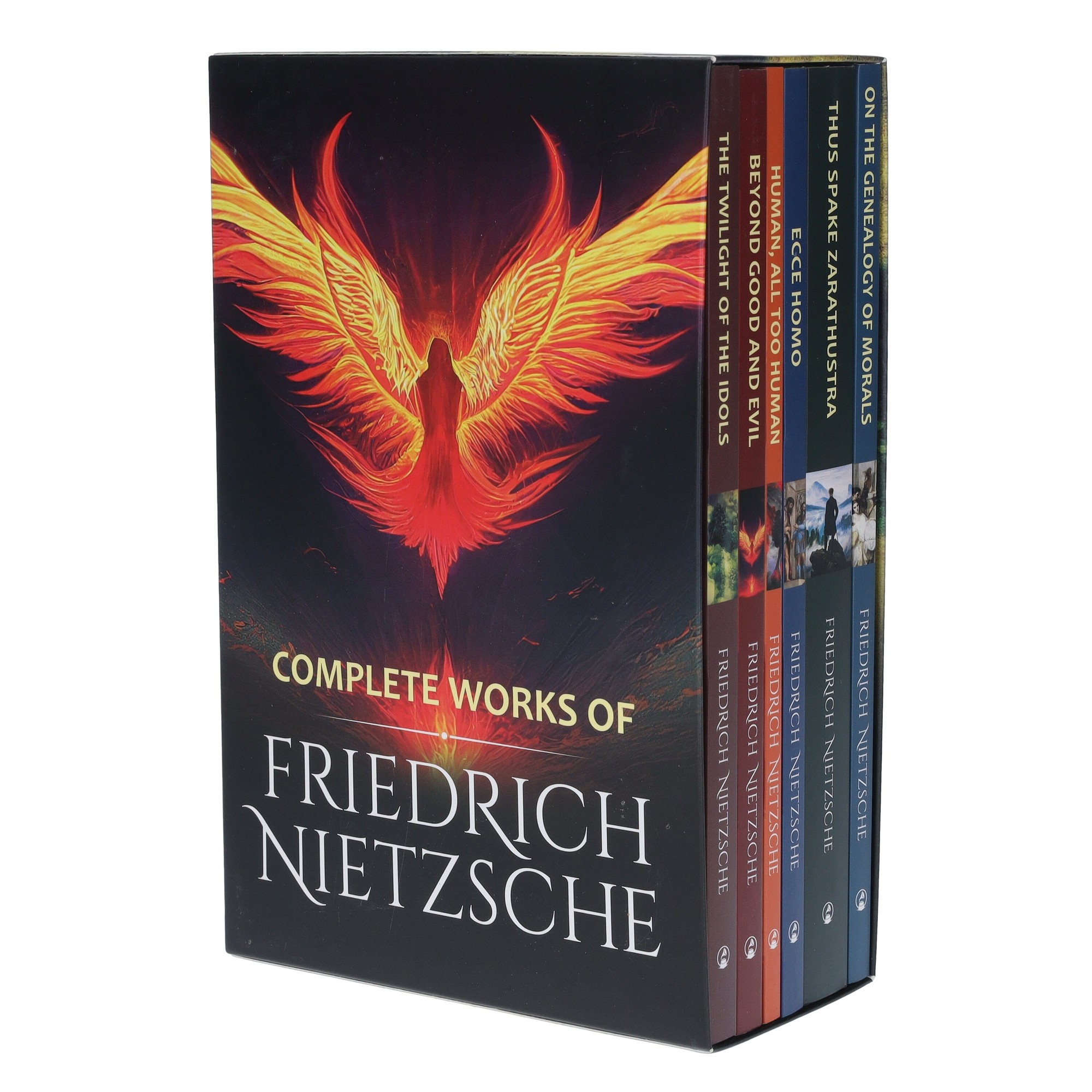 A six-book collection set of Friedrich Nietzsche's complete works in paperback, featuring a striking red and gold phoenix design on a black background.