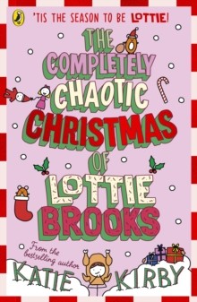 Brightly colored book cover featuring whimsical illustrations, with a pink background, green title text, and festive elements like candy canes and stockings.