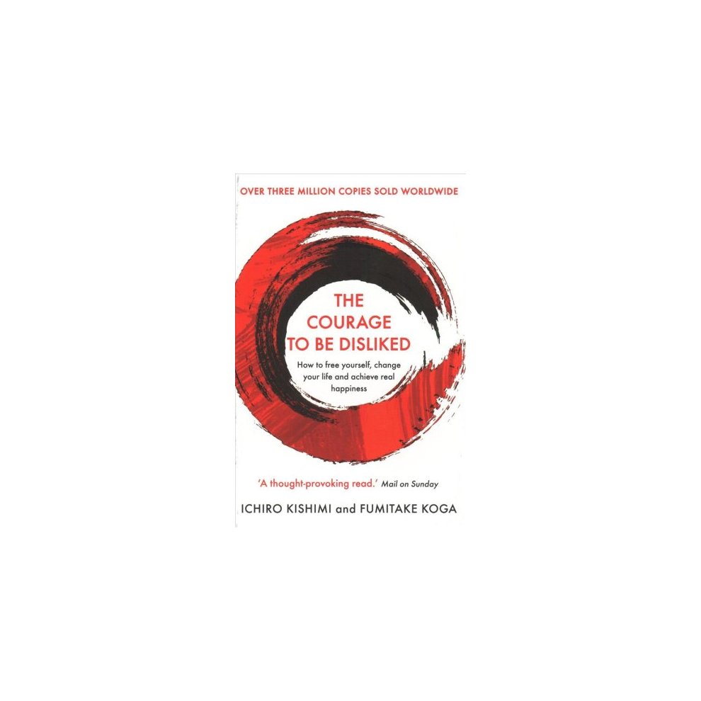 Book cover featuring a bold red and black circular design with the title "The Courage to Be Disliked" prominently displayed in white, along with authors' names at the bottom.