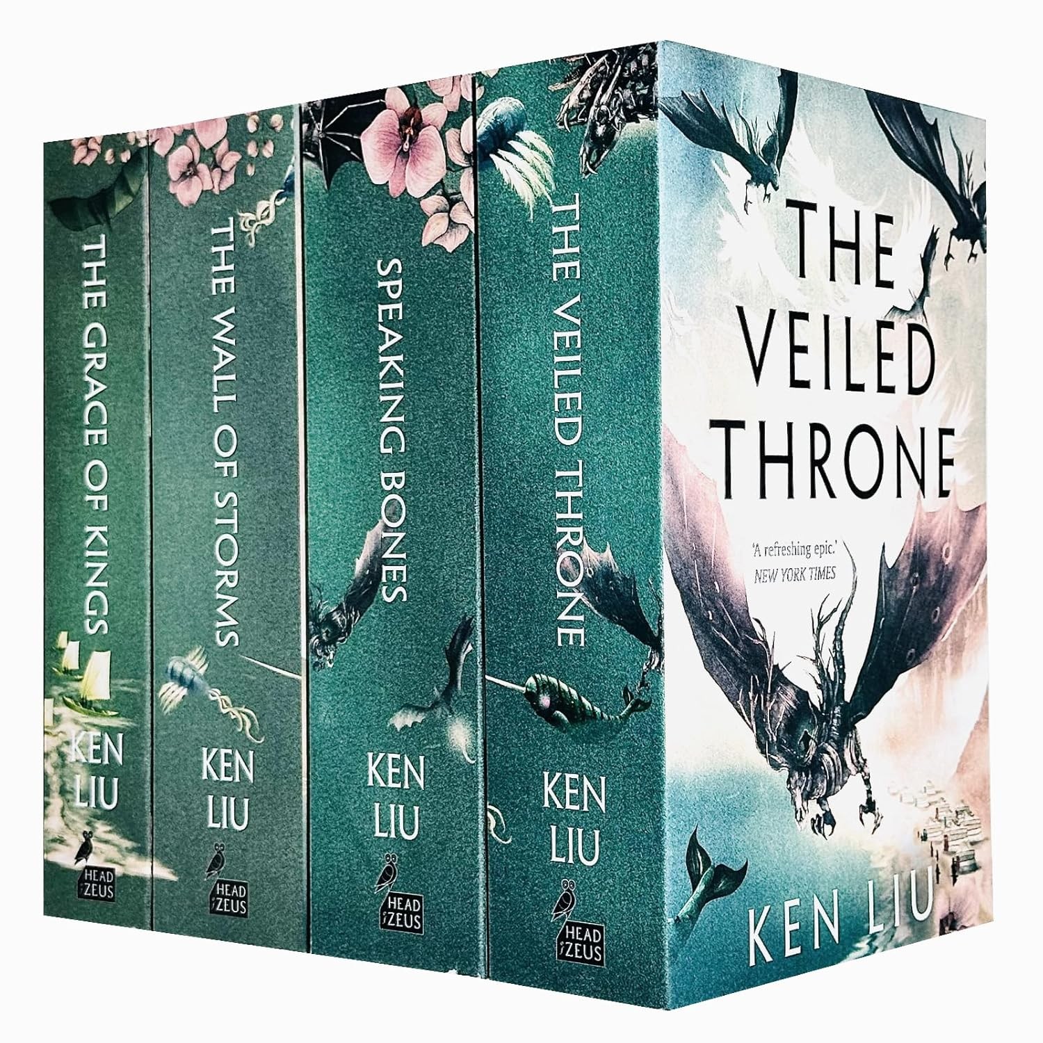 Four hardcover books in a box set, featuring teal and green covers with floral designs, titled "The Grace of Kings," "The Wall of Storms," "The Veiled Throne," and "Speaking Bones," by Ken Liu.