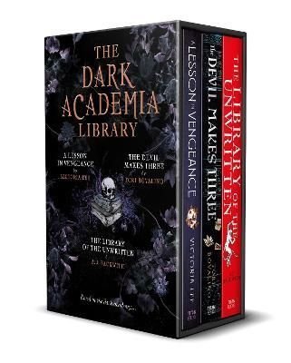 Three-book box set titled "The Dark Academia Library," featuring dark covers with intricate designs, including skulls and floral motifs, in a black and gold color scheme.