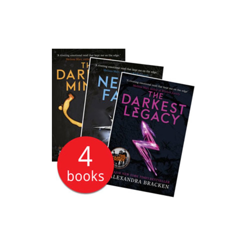 Four paperback books from "The Darkest Minds" series by Alexandra Bracken, featuring dark covers with vibrant titles and a prominent lightning bolt on the last book.