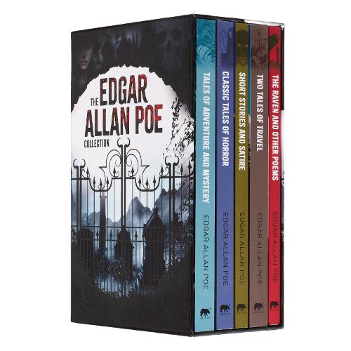 Five paperback books in a boxed set titled "The Edgar Allan Poe Collection," featuring dark, moody cover art with a gate and misty background, in shades of black, red, and blue.