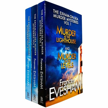 Three paperback books in a collection titled "The Exham-on-Sea Murder Mysteries Volume 1 - 3," featuring a blue cover with white and yellow text, showcasing titles and the author's name, Frances Evesham.
