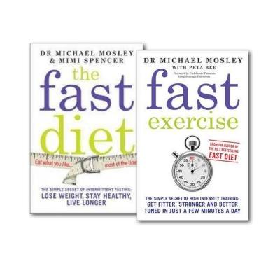 Two book covers featuring "The Fast Diet" and "Fast Exercise" by Michael Mosley, with bold titles in green and purple text on white backgrounds, highlighting health and fitness themes.