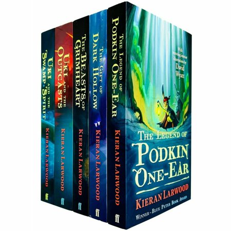 Five colorful hardcover books from "The Five Realms Series" by Kieran Larwood, featuring vibrant covers with illustrations and titles in bold text, stacked together.