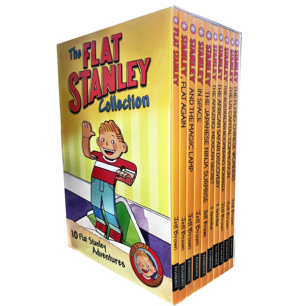 Ten colorful paperback books featuring "The Flat Stanley Adventure" series by Jeff Brown, neatly arranged in a box set with a vibrant cover illustration of a smiling boy.