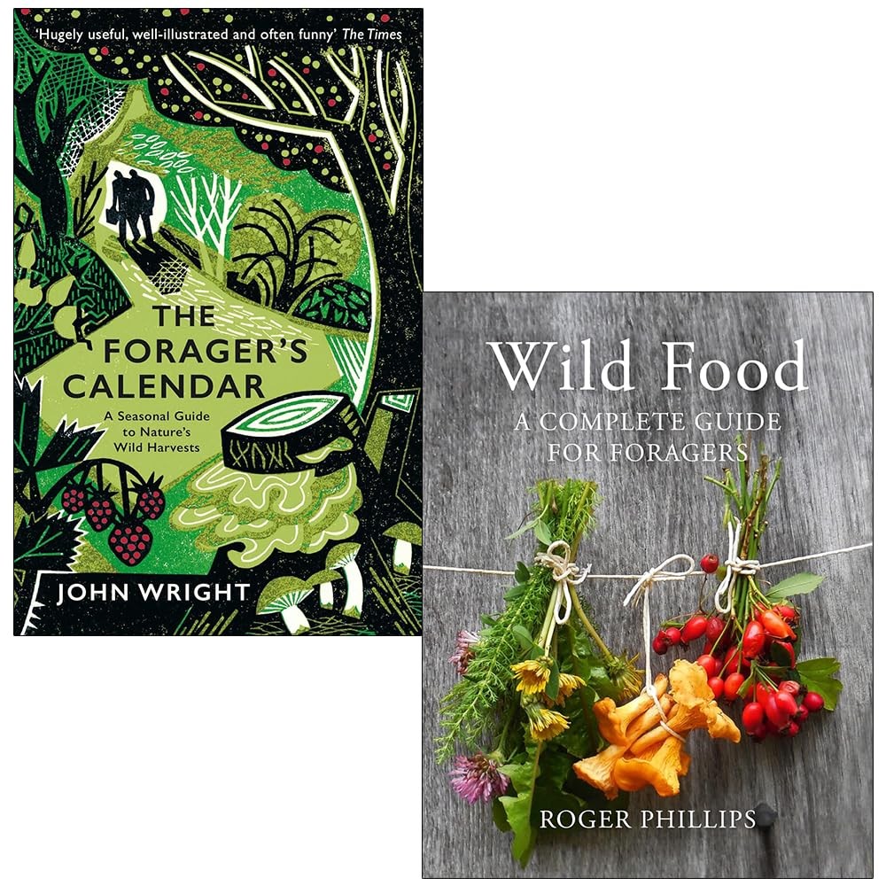 Two book covers: "The Forager's Calendar" features a colorful illustrated scene of foraging, while "Wild Food" has a rustic wooden background with tied herbs and vegetables.