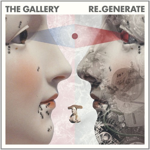 Artwork featuring two stylized faces in profile, one adorned with mechanical elements and the other with a doll-like figure, set against a textured background in muted colors.