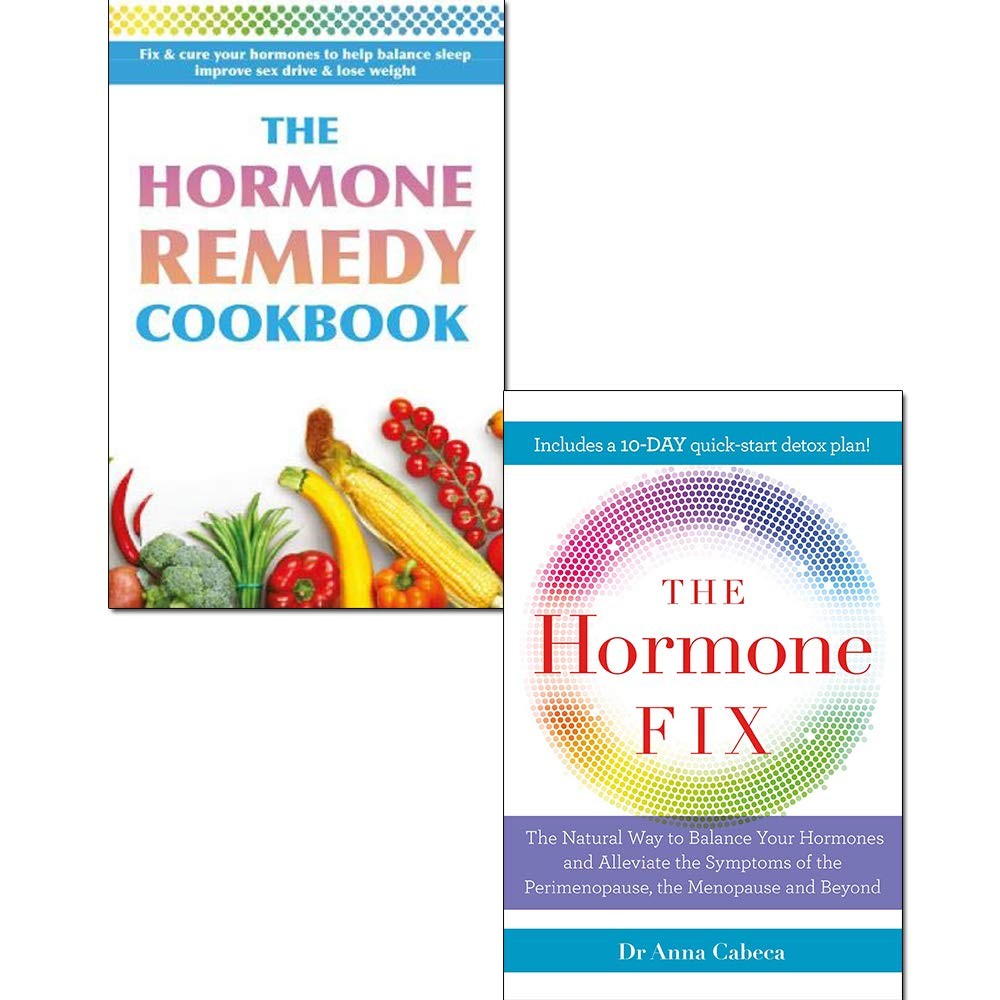 Two paperback books titled "The Hormone Fix" and "The Hormone Remedy Cookbook," featuring colorful covers with text and images of fruits and vegetables.