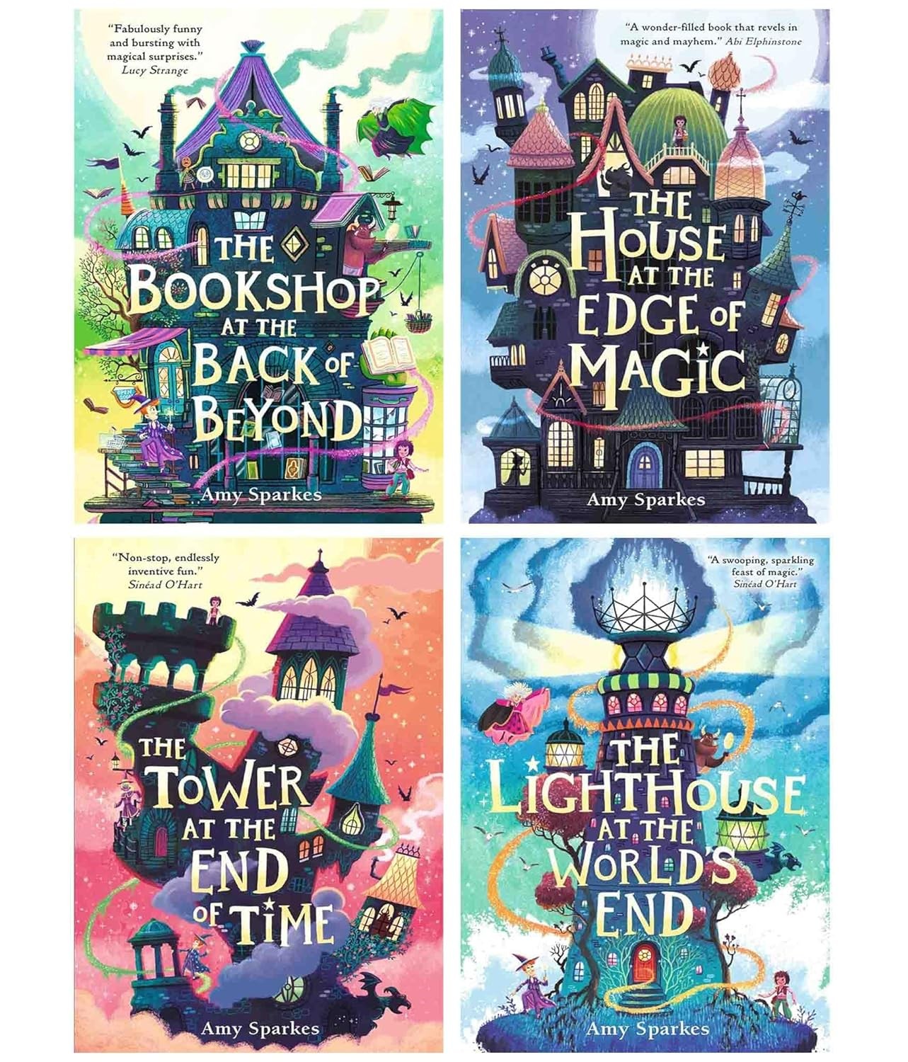 Four colorful book covers from "The House at the Edge of Magic" series by Amy Sparkes, featuring whimsical illustrations of magical houses and vibrant landscapes.