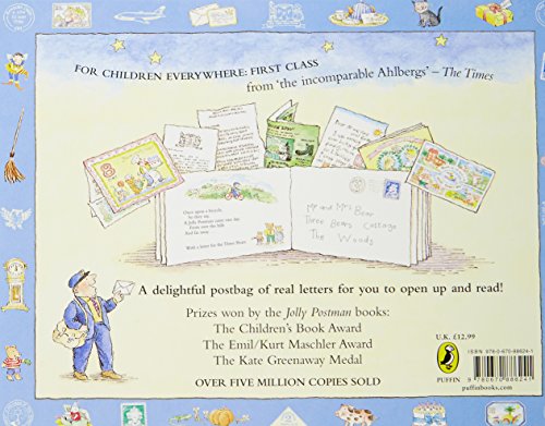 Back cover of "The Jolly Postman or Other People's Letters" featuring colorful illustrations, a postal worker, and various letter designs, with award mentions and playful graphics.