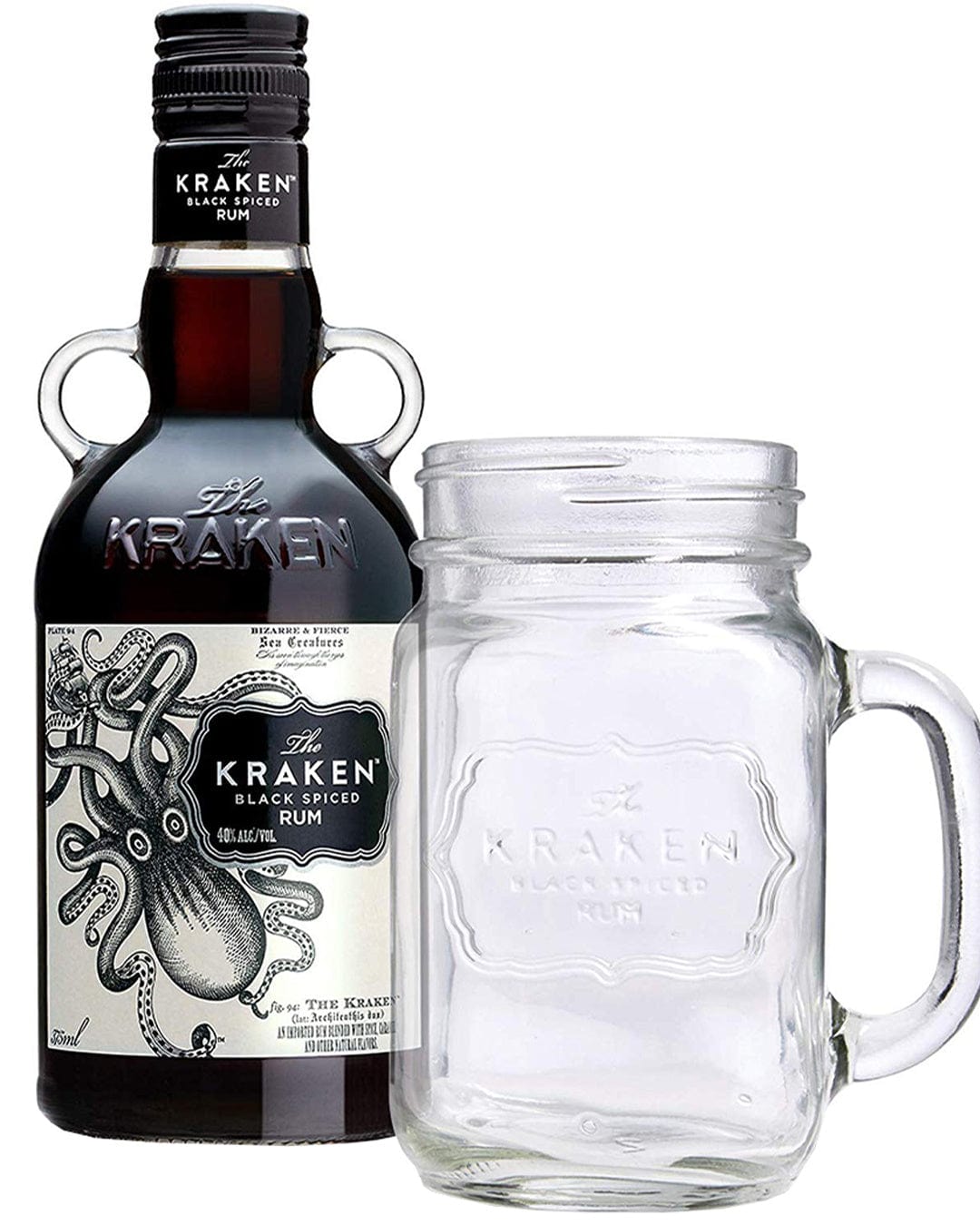 Kraken Black Spiced Rum gift set featuring a dark glass bottle with an octopus design and a clear mason jar-style glass mug.
