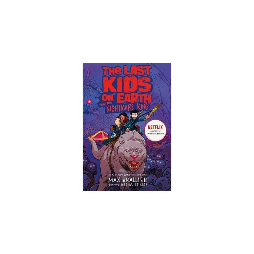 "The Last Kids on Earth and the Nightmare King" book cover features vibrant purple hues, a cartoonish monster, and characters holding weapons, with a Netflix logo in the corner.
