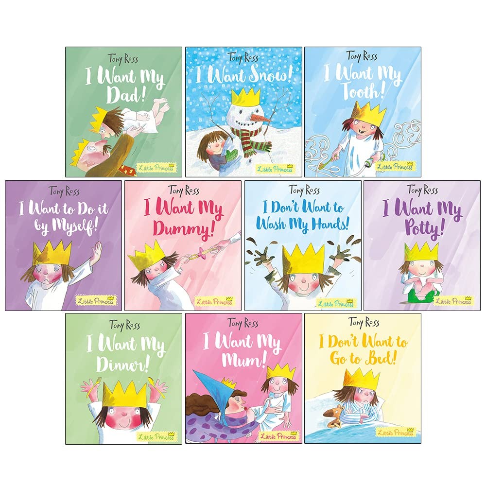 Ten colorful paperback books from "The Little Princess Series" by Tony Ross, featuring playful illustrations of a little girl in a crown, with titles like "I Want My Potty!" and "I Want My Dad!"