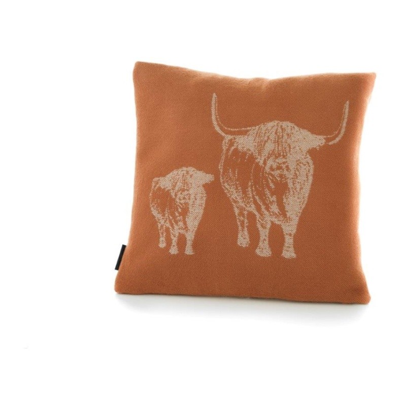Paprika-colored acrylic cushion featuring a white illustration of a Highland cow and calf, showcasing a soft texture and square shape.