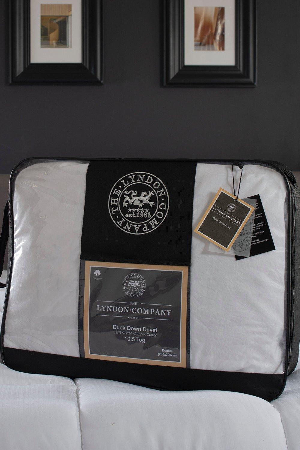 White Duck Down duvet by The Lyndon Company, 10.5 Tog, packaged in a black carry bag with a logo and product details visible on the front.