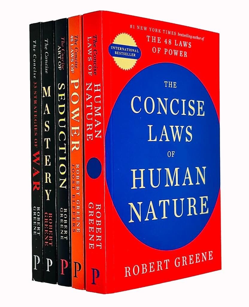 Five books from "The Modern Machiavellian Series" by Robert Greene, featuring bold red, black, and white covers with titles like "The Concise Laws of Human Nature" prominently displayed.