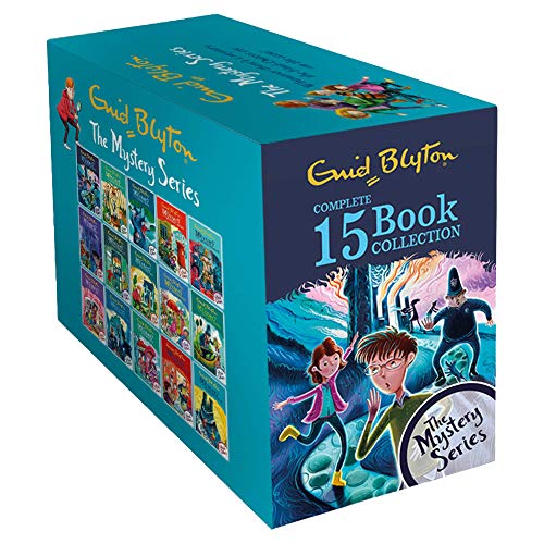 Colorful box set featuring 15 books from Enid Blyton's "The Mystery Series," showcasing vibrant covers with illustrations of characters and a mysterious forest scene.