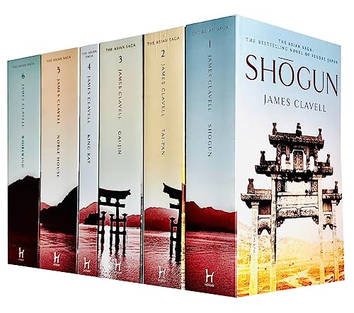 Six hardcover books in a collection titled "The Novels of Asian Saga" by James Clavell, featuring colorful spines and a prominent cover image of a traditional Asian gate.
