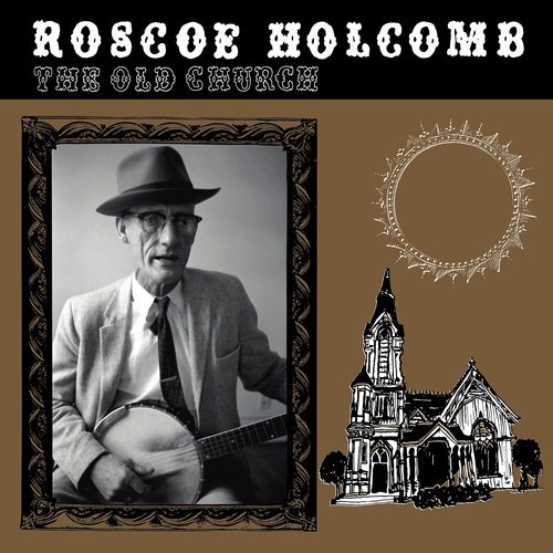 Black and white portrait of a man in a suit and hat holding a banjo, with a vintage church illustration and ornate border on a brown background.