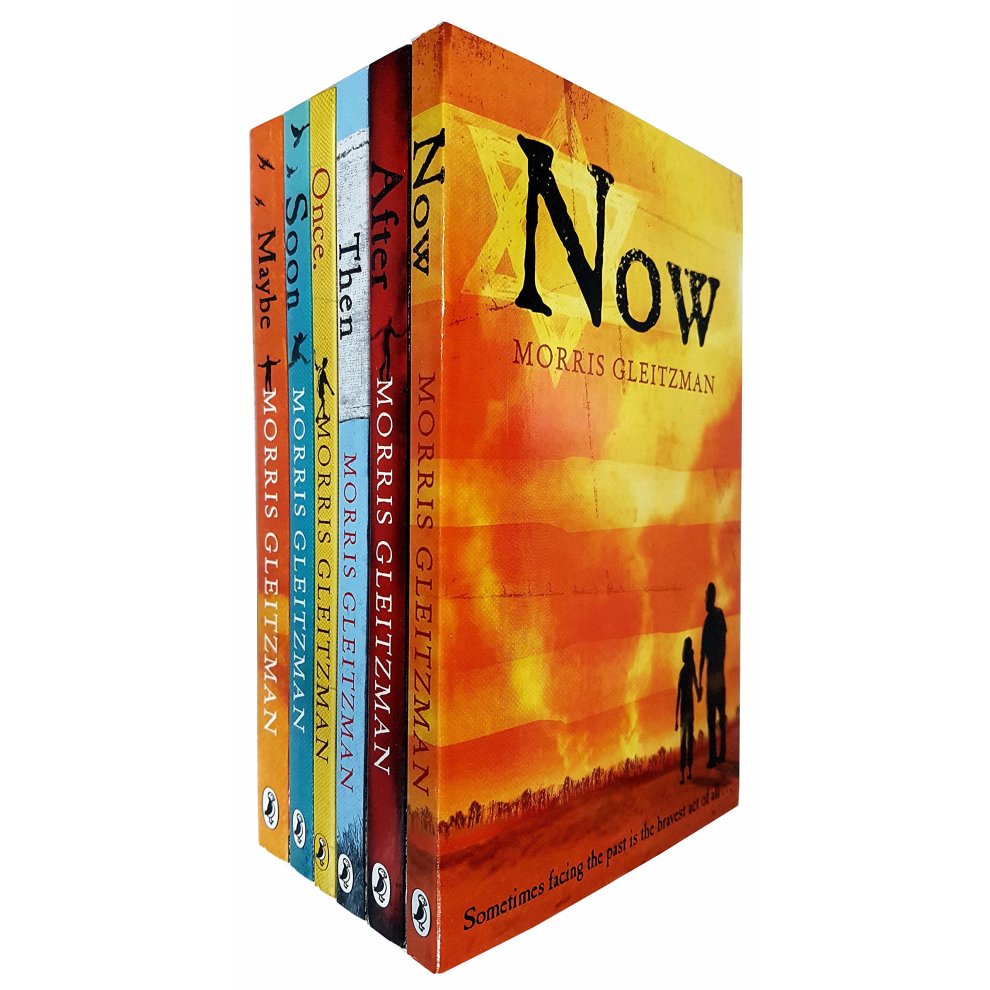 Six colorful paperback books in a set by Morris Gleitzman, featuring titles "Now," "After," "Then," "Once," and "Maybe," with vibrant covers and a prominent silhouette on the "Now" book.