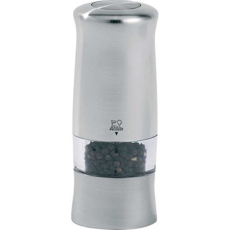 Sleek stainless steel electric pepper mill with a transparent chamber showcasing black peppercorns, designed for single-handed operation and comfortable grip.