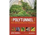 Cover of "The Polytunnel Book" featuring green plants and vegetables inside a polytunnel, with a bright red background and white text, authored by Joyce Russell.