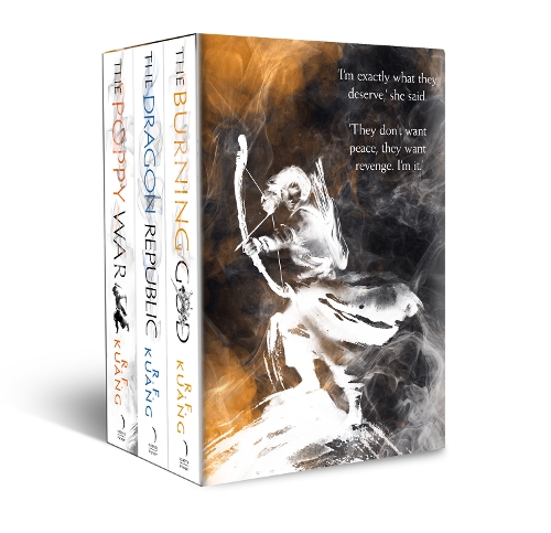 Three paperback books in a boxset titled "The Poppy War" by R.F. Kuang, featuring a striking cover design with an illustration of a warrior and bold, colorful text.