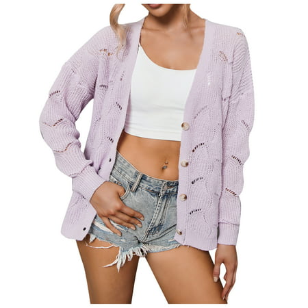 Light purple knitted cardigan with a V-neck, long sleeves, and floral patterns, featuring wooden buttons, worn over a white top and denim shorts.