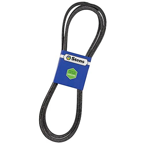 Black rubber belt packaged in a blue and white Stens label, designed as a replacement for Universal products, featuring a hexagonal logo and clear product details.