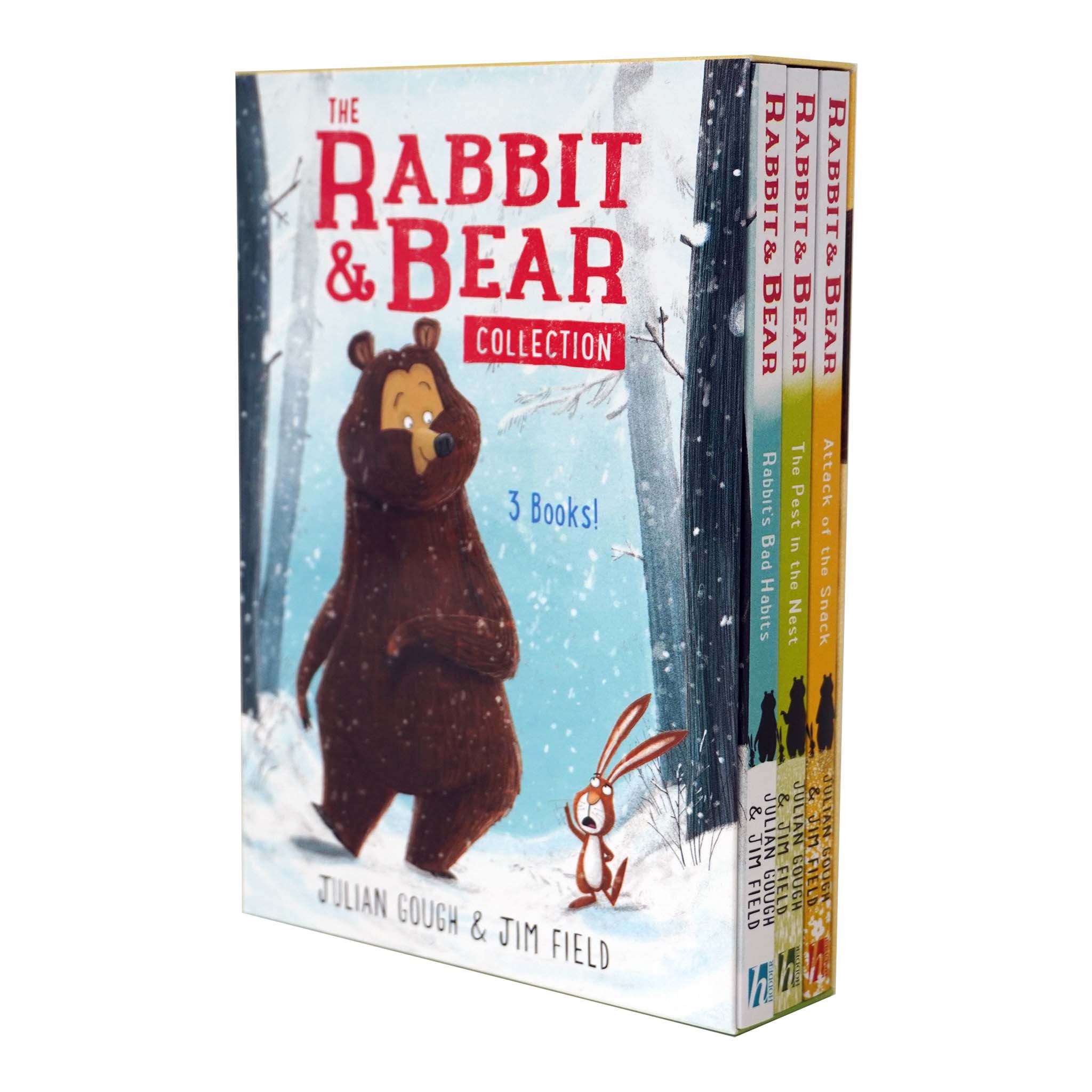 Colorful book set featuring "The Rabbit & Bear Collection" by Julian Gough & Jim Field, showcasing a bear and rabbit on the cover, with snowy forest background and three titles visible.