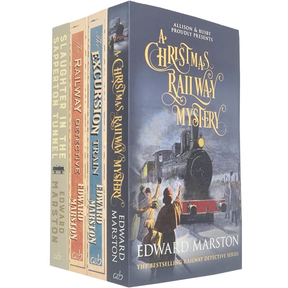 Four paperback books from "The Railway Detective Series" by Edward Marston, featuring colorful covers with train imagery and titles, stacked with a prominent blue cover for "Excursion Train."