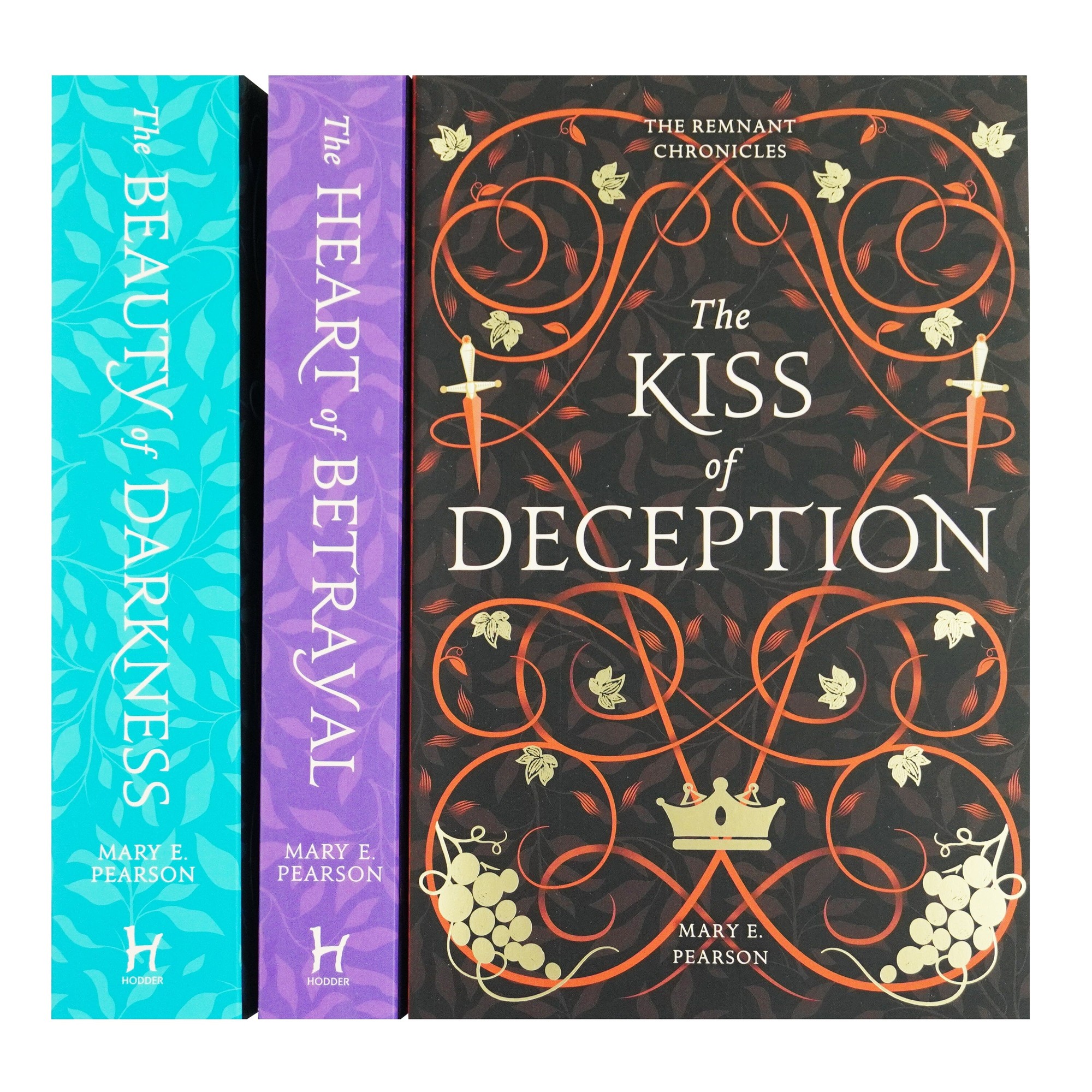 Three paperback books from "The Remnant Chronicles" series by Mary E. Pearson, featuring vibrant blue, purple, and black covers with intricate designs and titles prominently displayed.