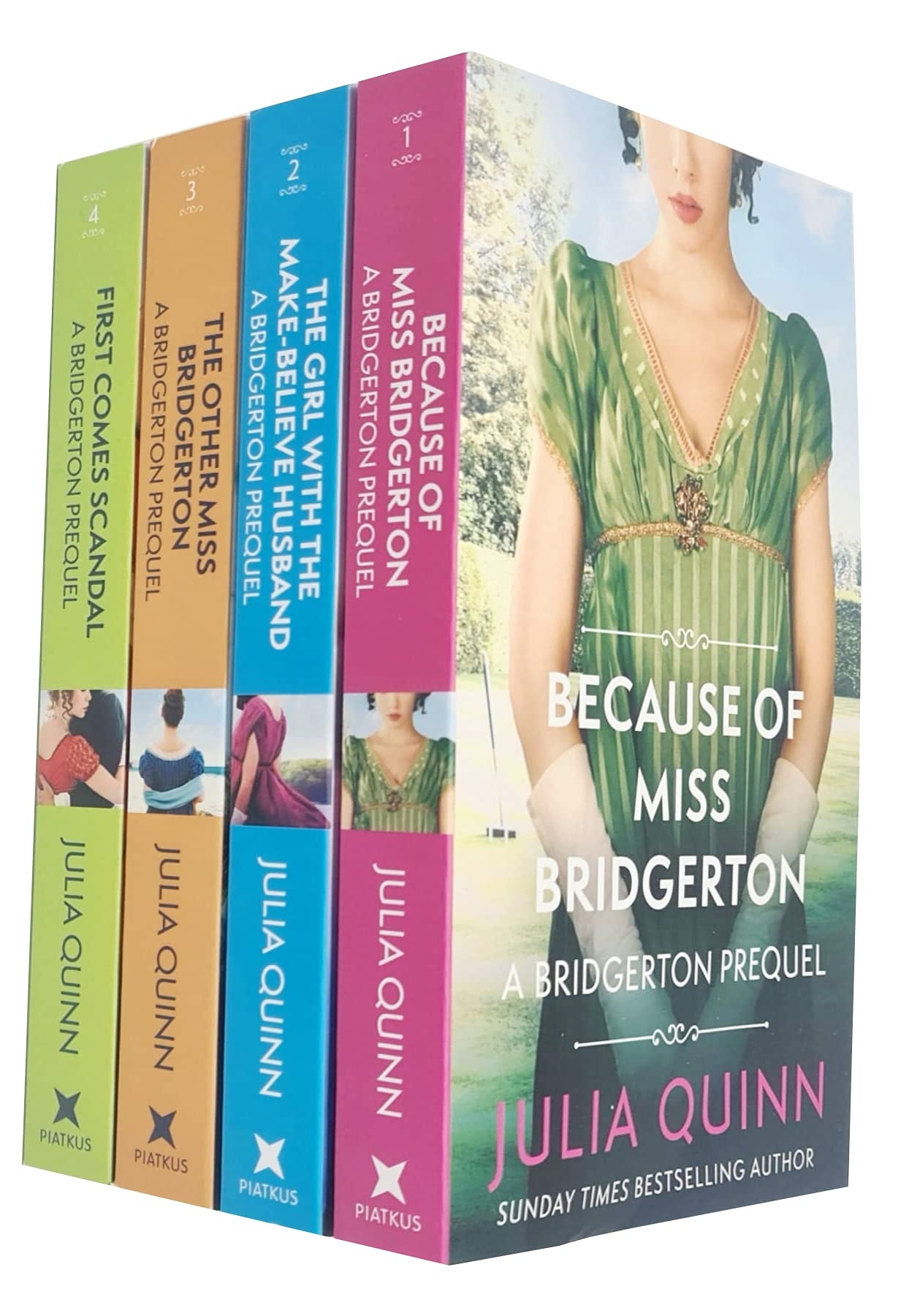 A collection of four paperback books from "The Rokesbys Bridgerton Prequels" series by Julia Quinn, featuring colorful spines and a cover illustration of a woman in a green dress.