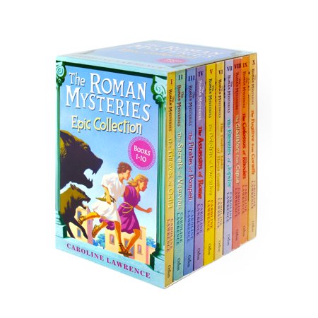 Deluxe box set of "The Roman Mysteries" by Caroline Lawrence, featuring ten colorful paperback books with vibrant covers, depicting Roman adventures and characters.