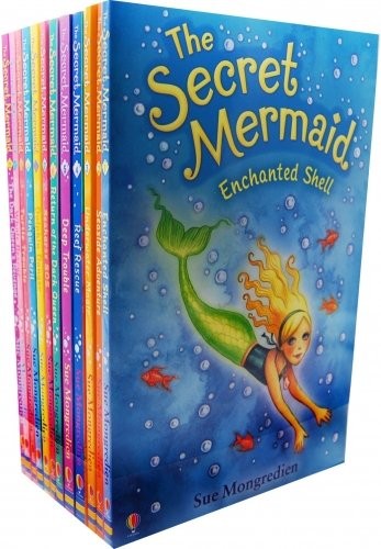 Colorful book set featuring "The Secret Mermaid Collection" by Sue Mongredien, showcasing vibrant covers with mermaids, fish, and underwater themes in shades of blue, pink, and green.