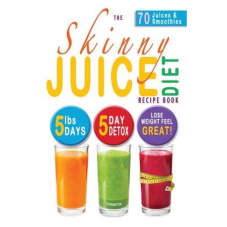 Three colorful juice glasses—orange, green, and red—displayed prominently on a white background, alongside the title "The Skinny Juice Diet Recipe Book" and key features highlighted.