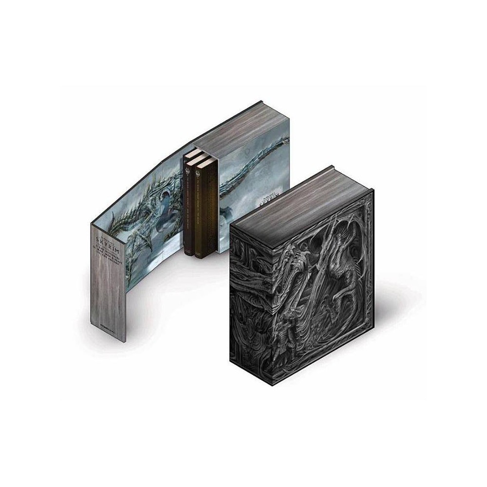 Box set of "The Skyrim Library" featuring three hardcover volumes, with a textured black and silver dragon motif on the cover and a decorative slipcase.