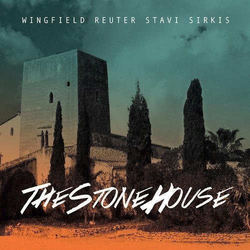 A stylized illustration of "The Stone House" featuring a tall stone building with a tower, surrounded by green trees and a gradient orange to teal background.