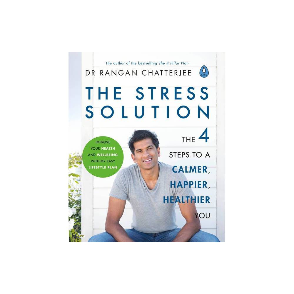 A paperback book titled "The Stress Solution" by Dr. Rangan Chatterjee, featuring a light blue cover with bold white text and an image of the author sitting casually.