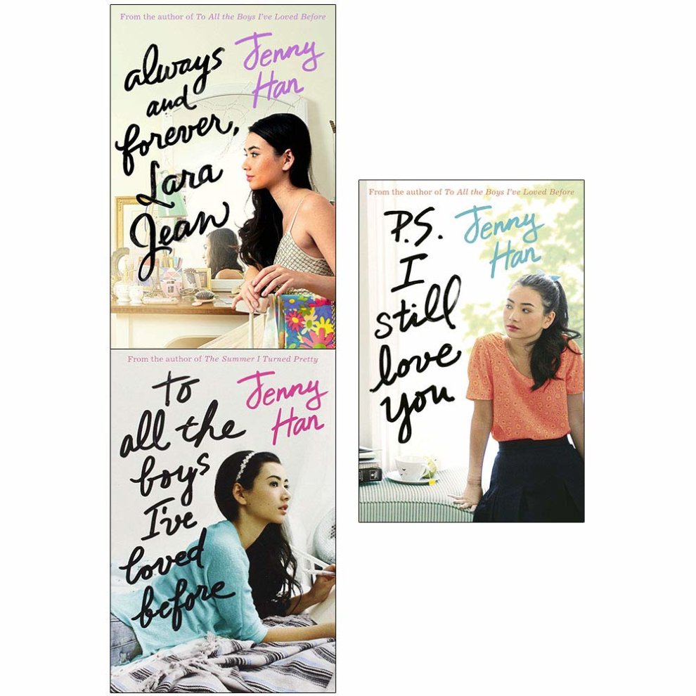 Three paperback books by Jenny Han: "Always and Forever, Lara Jean," "To All the Boys I've Loved Before," and "P.S. I Still Love You," featuring vibrant covers with illustrations of a young woman.